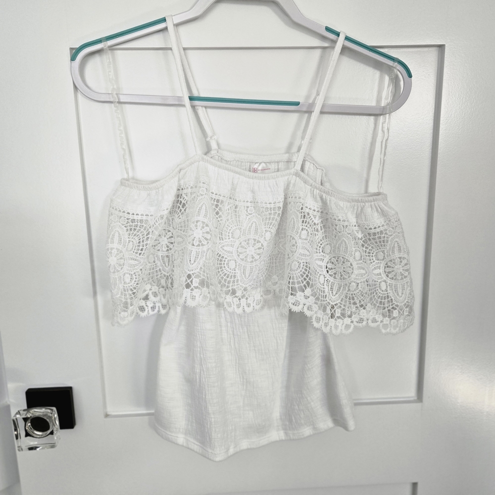 No Boundaries White Lace Trim Off The Shoulder With Straps Top Size XS
